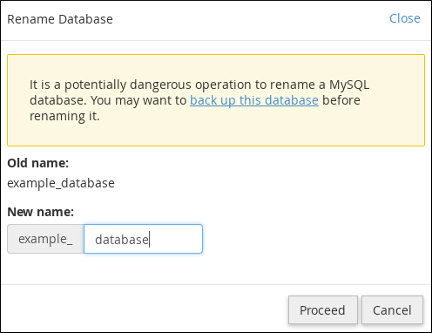 cPanel - MySQL Databases - Rename Database dialog box