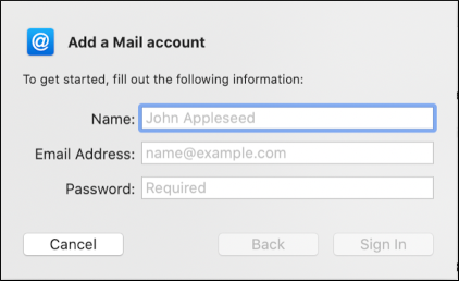 macOS - Mail - Add a Mail account dialog box