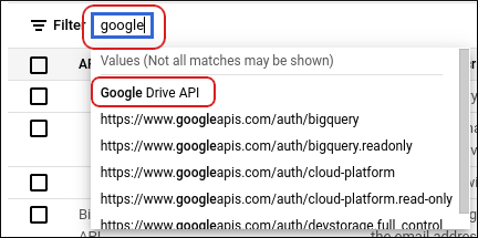 Google Cloud Console - Google Drive API filter