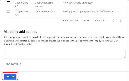 Google Cloud Console - Update scopes