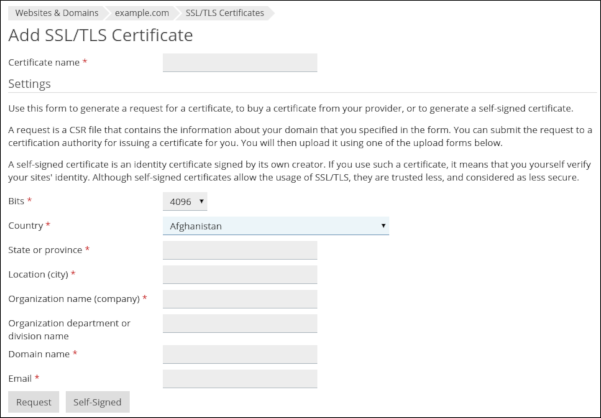 Plesk - Add SSL/TLS Certificate page